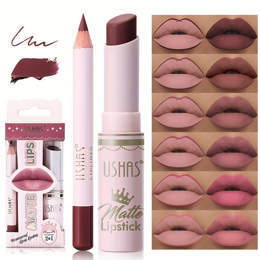 Matte Lipstick + Lip Liner Pen Set , Velvet Nude Color Lipstick , Long Wearing , Hydrating , Waterproof Lip Makeup Set